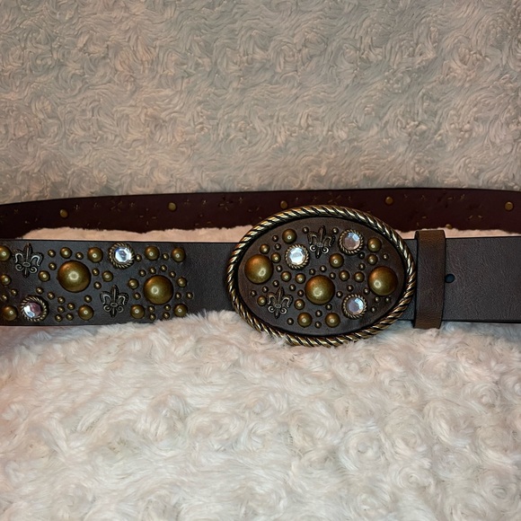 Brown Faux Leather Belt With Studs, Rhinestones, & Fleur-de-lis Studs 37”-41” XL - Picture 6 of 8